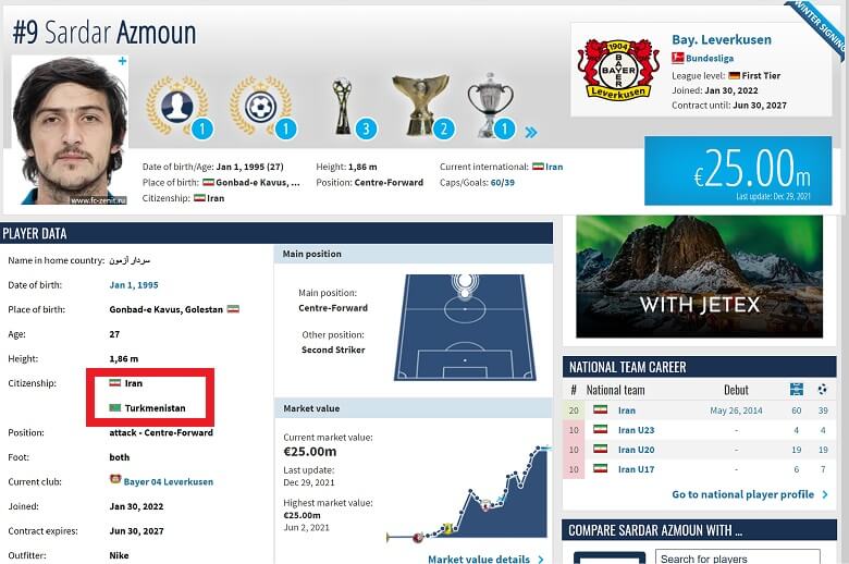 سردار آزمون ملیت ترکمنستانی گرفته است.