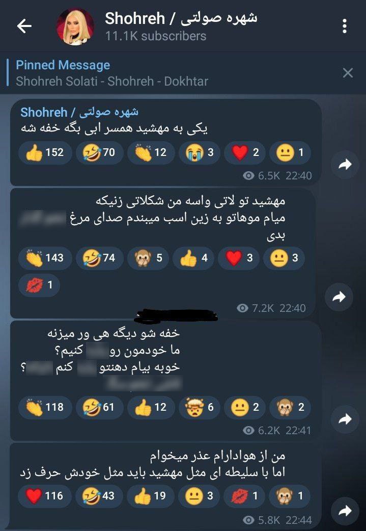 شهره صولتی که معمولا از کانال تلگرامی اش به عنوان صفحه شخصی چت استفاده می‌کند، این بار متن هایی علیه همسر ابی (مهشید) منتشر کرده است.