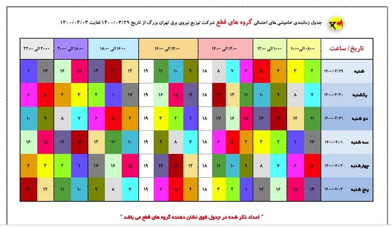 جدول قطعی برق تهران 1 تیر 1400